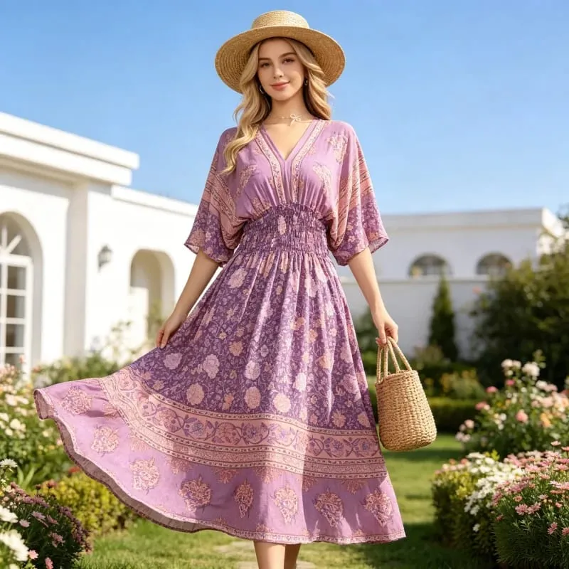Boho Holiday Women V-Neck Batswing Short Sleeve A-Line Midi Dresses Slim Elastic Waist Casual Vintage Office Lady Elegance Dress