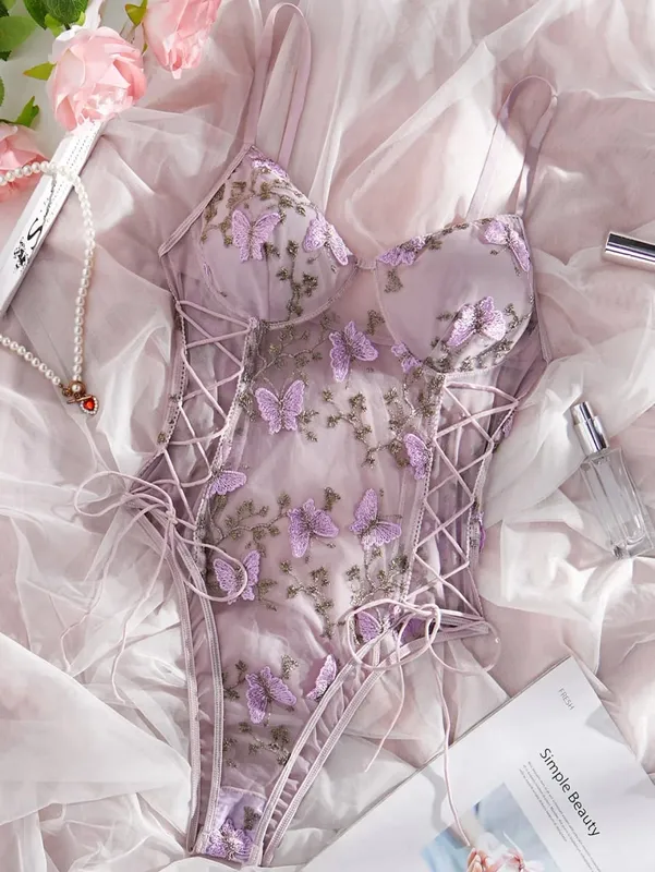 Hot Butterfly Embroidery Mesh Teddy Lace Up V Neck Backless ThongBodysuit Women's Sexy Lingerie & Underwear — image 1