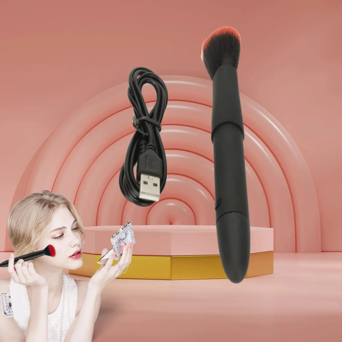 Elektrischer loser Puderpinsel, 10 Gänge, Vibration, schneller Make-up-Pinsel, Rouge, wiederaufladbare, multifunktionale Make-up-Pinsel-Werkzeuge