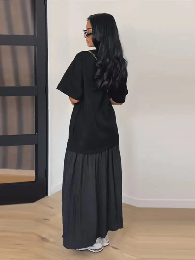 Short Sleeve Patchwork Oversized Long Dress Women Elegant O-neck Pleated Loose Party Evening Dresses Summer Casual Lady Vestidos — image 3