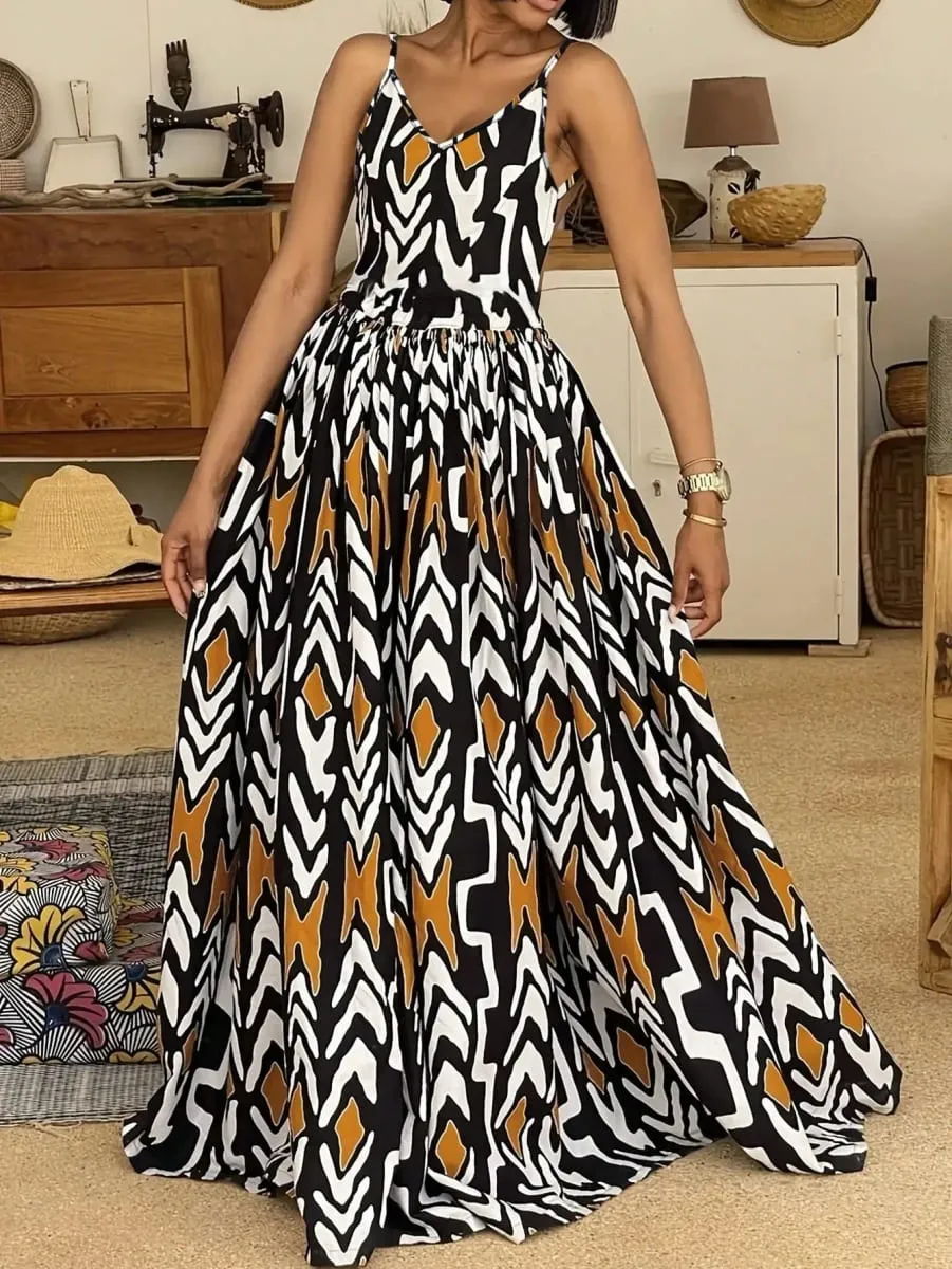 Womens African Print V Neck Backless Maxi Dress Sleeveless High Waist A Line Long Dress Summer Beach Party Elegant Outfit — image 2
