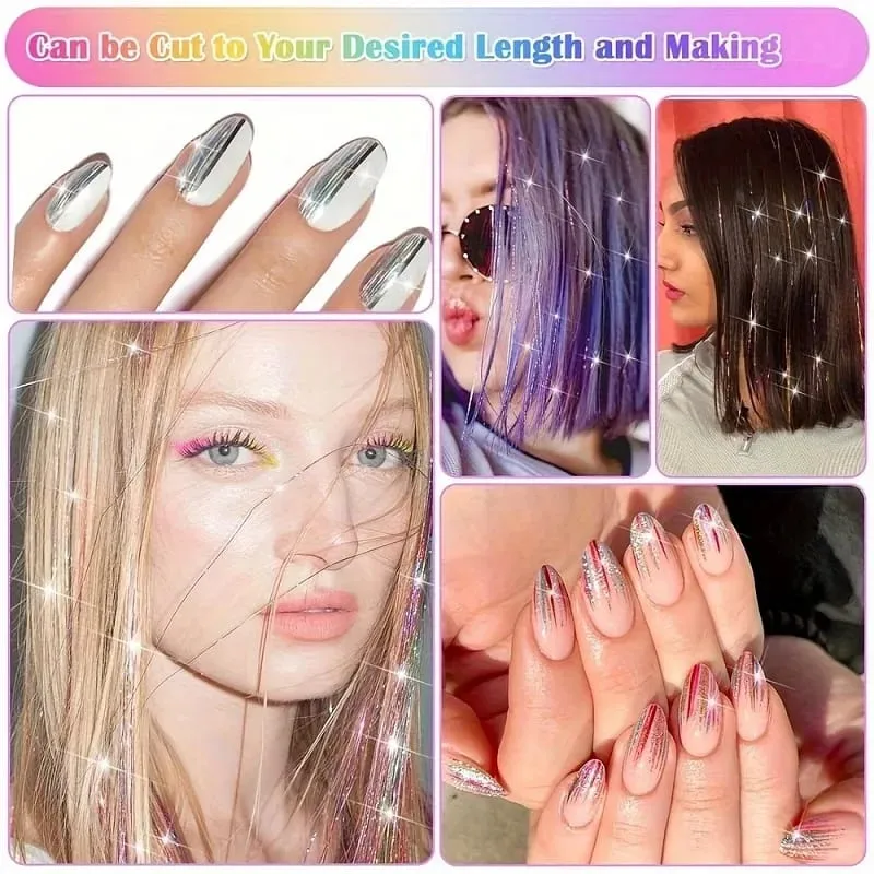 90cm Synthetic 3pcs/set Rainbow Colored Shiny Hair Laser Tinsel Long Straight Heat-Resistant Fairy Hair Extensions Party Daily — image 7