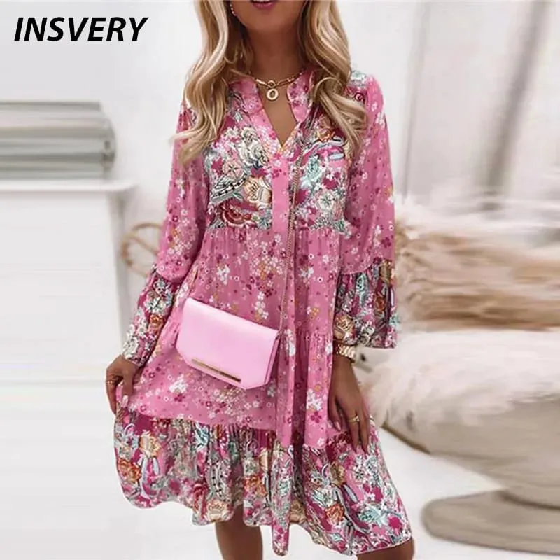 Spring Mini Dresses For Women Summer New Casual Loose Long Sleeve V-Neck Beach Sundress Ladies Short Party Dress — image 1