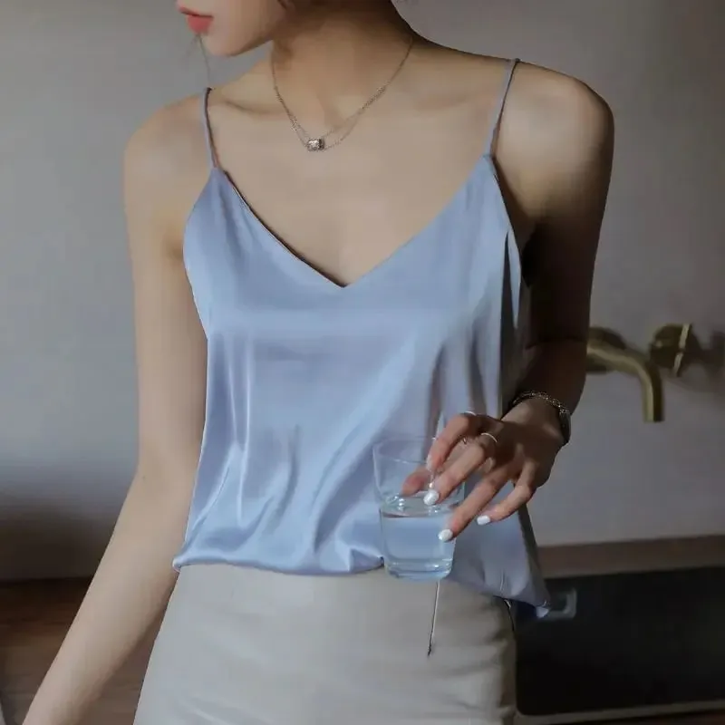 Women Halter V Neck Basic White Cami Spaghetti Strap Top Sleeveless Satin Silk 2026 Tank Tops Women'S Summer Camisole — image 14
