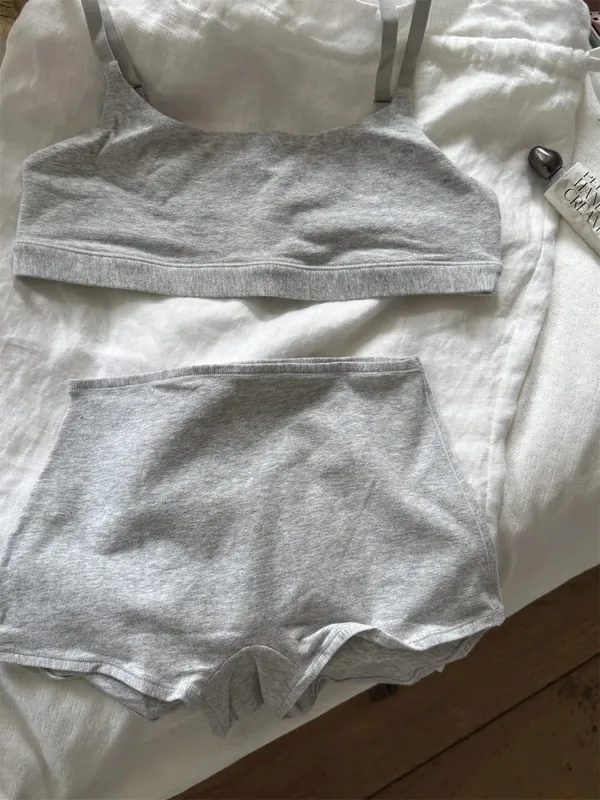 Vintage Cotton Sport Bra Set Woman Adjusted-strap Seamless Bra+Low Waist Boxer Briefs Solid Simple High Elasticity Lingerie Sets — image 5