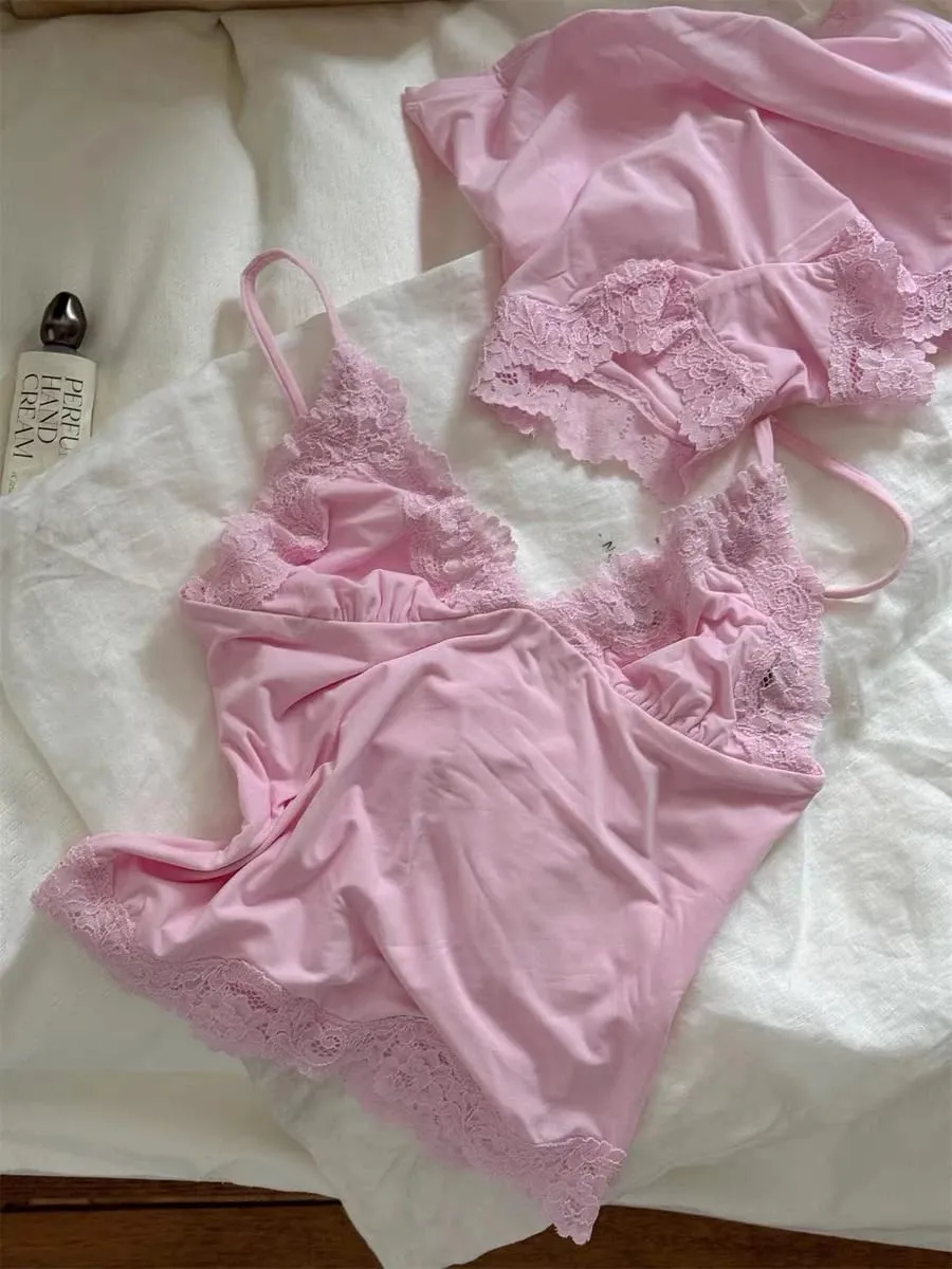Pink Lace Trim Bra Sets Woman Sexy Triangular Cup Seamless Bras+Low Waist Boxer Briefs Solid Soft Comfort Underwear 2 Piece Set — image 5