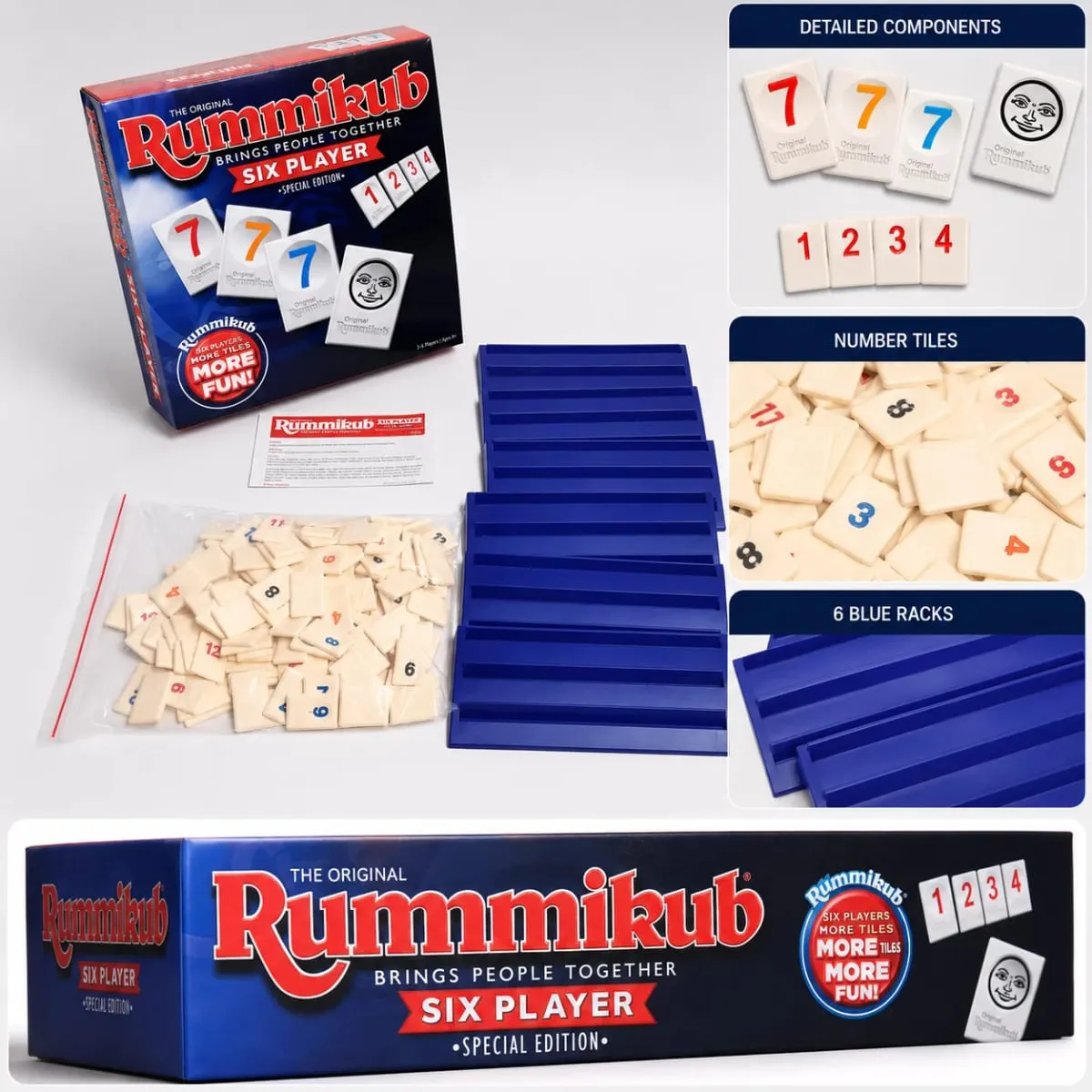 Rummikub Six Player Tile Strategy Board Game with Blue Racks Number Logic Family Party English Version