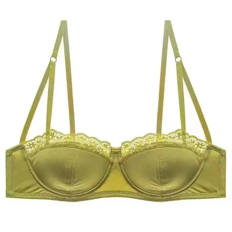 Sexy Satin Half Cup Bra Set with Steel Ring Thin Comfortable Upper Support Green Lace Edge Glossy Lingerie for Women — image 8