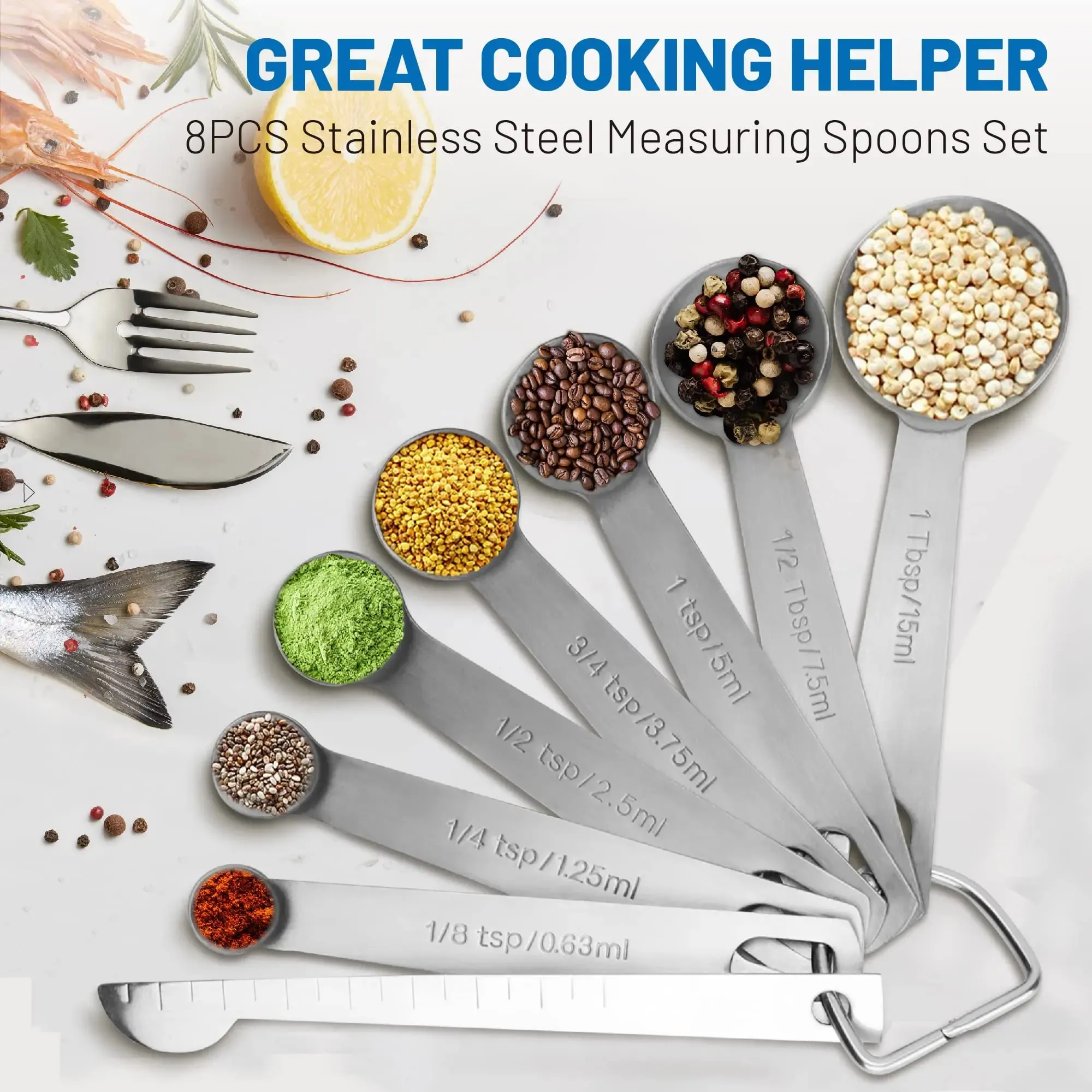 Heavy Duty Metal Measuring Spoons，18/8 Stainless Steel Teaspoon Tablespoon Set of 8 for Measuring Dry and Liquid Ingredients