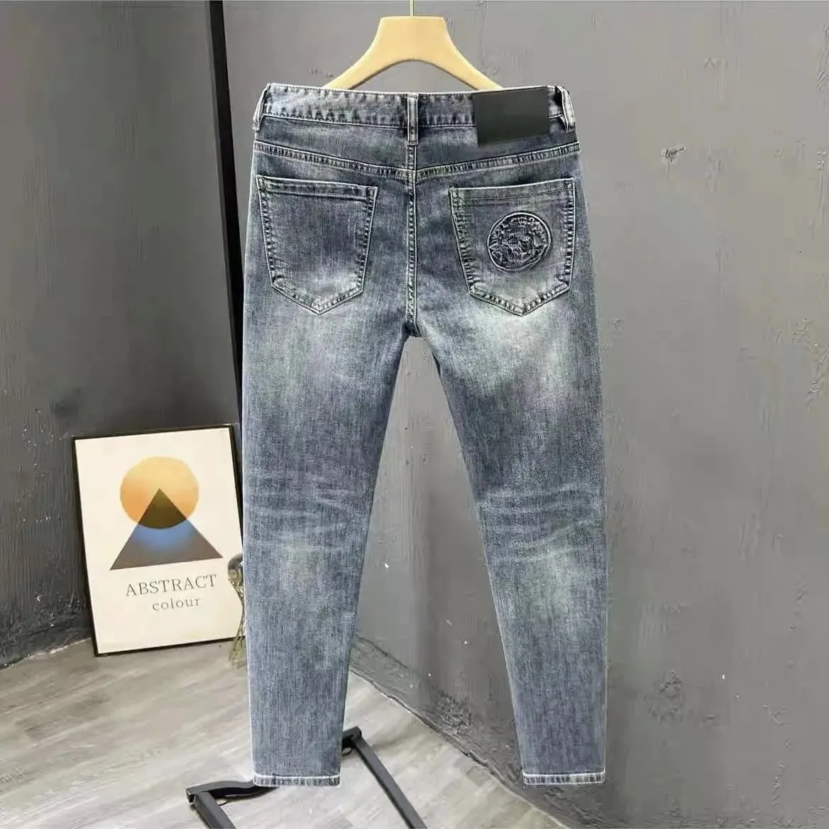 Korean Climate Lot Pants Light Luxury Trendy Brand Embossed Blue Jeans Men's Handsome Slim-fit Small Feet Elastic Trousers New — image 9
