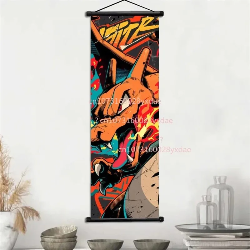 Anime Printed Pokemon Poster Cartoon Wall Artwork Gengar Squirtle Bulbasaur Pikachu Hanging Scroll Family Room Decoration