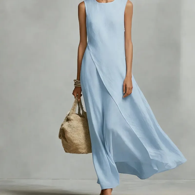 Womens New O Neck Loose Maxi Dress Casual Asymmetrical Hem Long Dresses Elegant Sleeveless Summer Beach Vacation Sundress Female — image 2