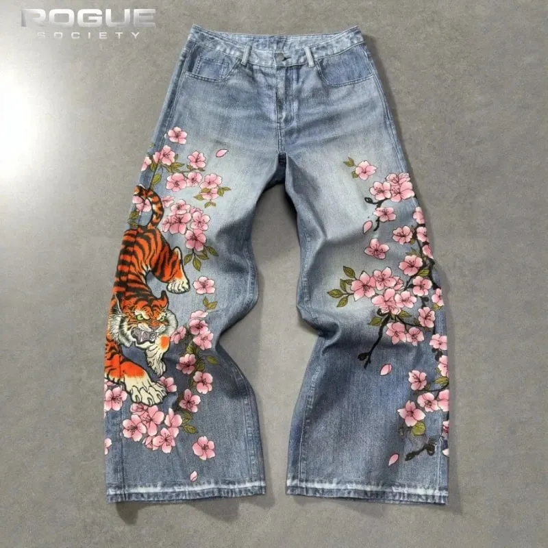 Japanese Tiger Sakura Men Jeans Summer Y2K Wide Leg Denim Pants Streetwear Hip Hop Retro Harajuku Loose Vintage Trousers Unisex — image 4