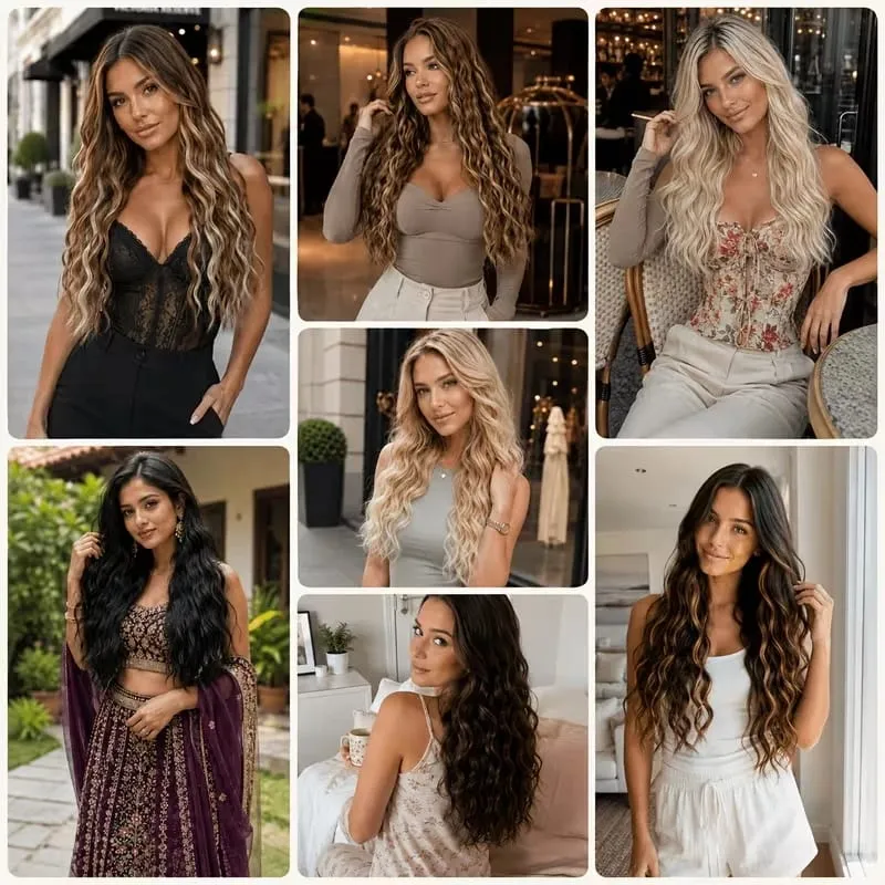 18Inch Synthetic Invisible Fish Line Hair Extensions Long Curly Wavy High Temperature Fiber Hairpiece for Women Daily Party
