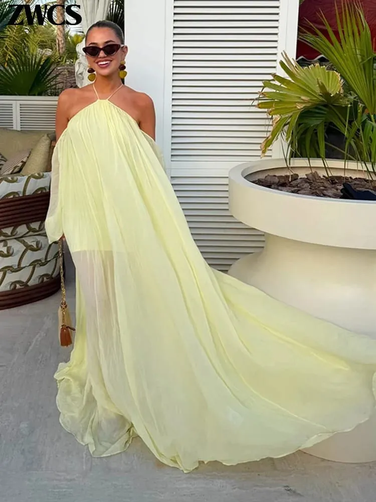 Sexy Halter Backless Party Gowns Women's Yellow Big Hem Off-shoulder Long Dresses 2026 Spring New Ladies Loose Beach Robes — image 1