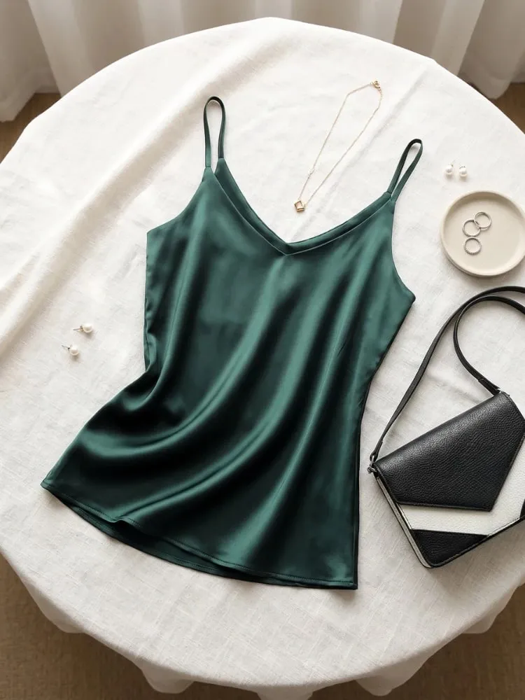 2026 Summer Spaghetti Strap Women Tank Top Halter V Neck Basic White Cami Sleeveless Satin Silk Tops Women'S Camisole — image 6