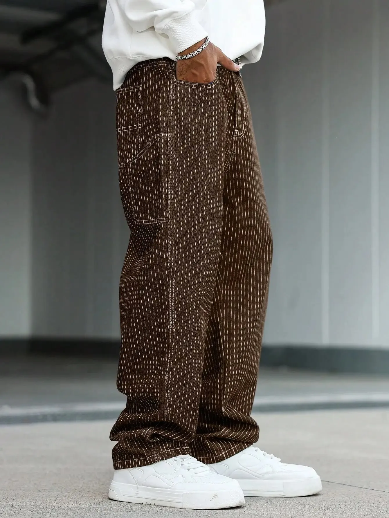 Men's vintage brown-and-white thin pinstripe loose wide-leg denim trousers Y2K workwear street-style unisex casual jeans — image 6
