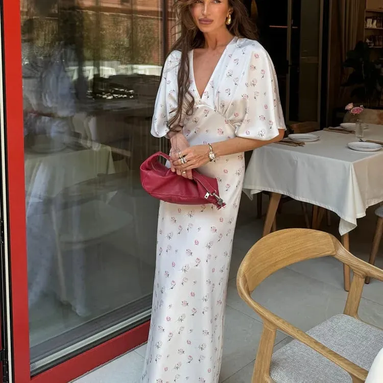Women Chic Pink Floral Print Maxi Vestido Elegant V Neck Ruffle Trim Flare Sleeve Ruched High Chiffon Dress 2026 Party Outfit — image 12