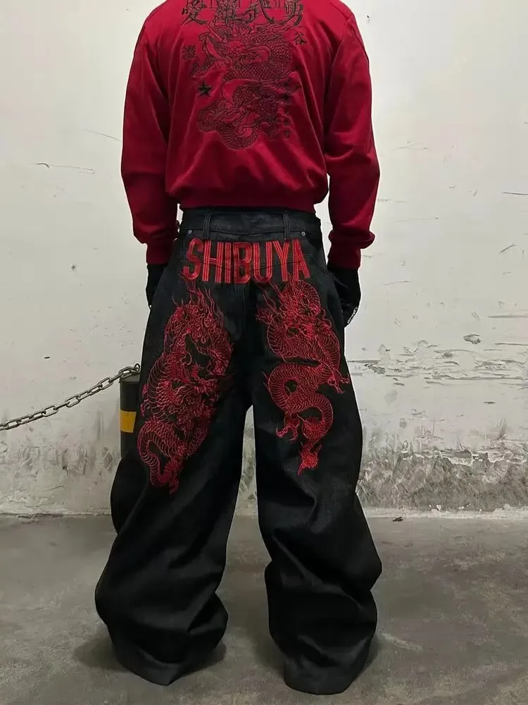 American retro embroidered pattern hip-hop jeans suitable for both men and women Y2K street cool floor length wide leg pants — image 1