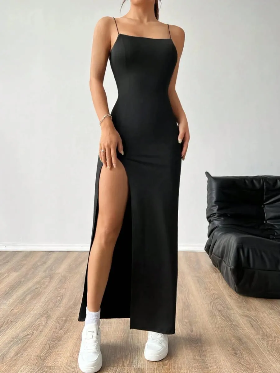 Women's Solid Color High Slit Spaghetti Strap Dress — image 3