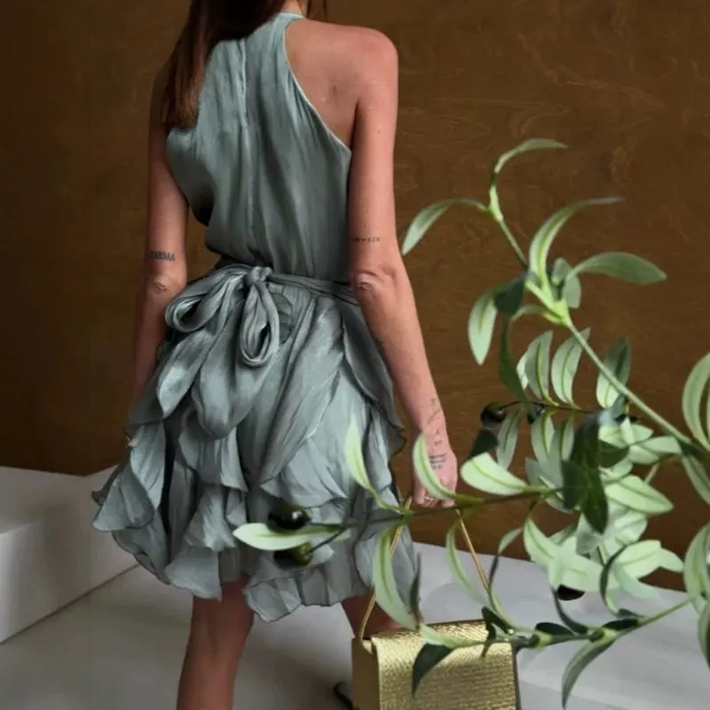 Sexy Cascading Ruffle Pleated Women's Mini Dress Fashion Lace Up Sleeveless Empire Female Dresses 2026 Spring Summer Lady — image 4