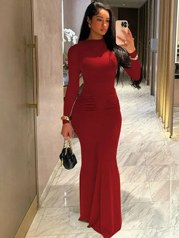 Hugcitar Musim Gugur Padat Lengan Panjang Terbungkus Bodycon Seksi Maxi Pakaian Prom Fesyen Wanita Y2K Pakaian Kelab Pesta Petang
