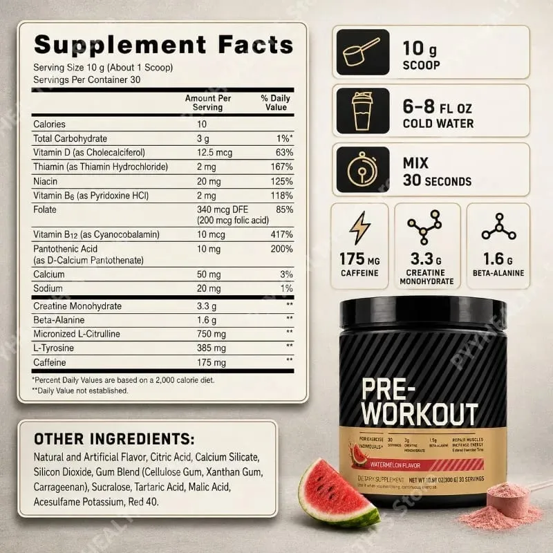Pre Workout Powder with Creatine Beta Alanine L Citrulline Tyrosine Caffeine Energy Endurance Focus Support 300g 30 Servings