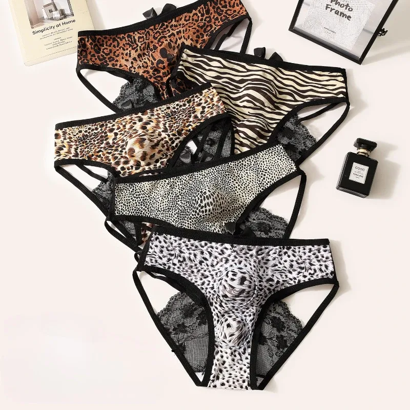 Sous-vêtements Sexy pour hommes, culotte transparente en dentelle creuse, imprimé léopard en soie glacée, pochette de séparation de balle en 3D, sous-vêtements Sissy — image 6