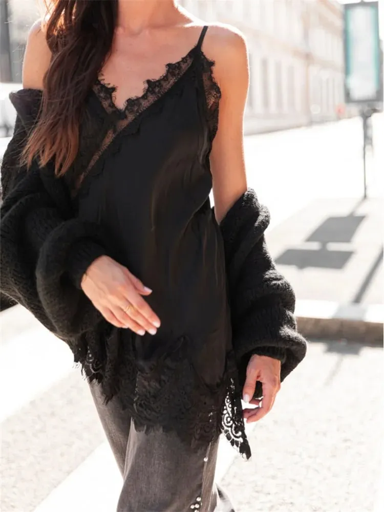 Women Coquette Satin Lace Cami Tops y2k Silky Lace Trim Patchwork Spaghetti Strap Low Cut Asymmetrical Camisole Sexy Slip Tanks — image 4