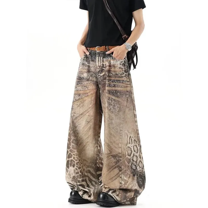 Washed Brown Distressed Leopard Printed Loose Men's Jeans Streetwear Casual Wide Leg Denim Long Pants Summer New — image 5