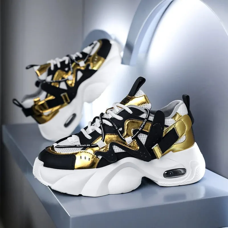Men's Casual Sneakers with Large Mesh Breathable Upper Metallic Texture and Contrasting Color Stitching and Trendy Webbing Accents. Thick Air-Cushioned Soles Provide Both Height Increase and Shock Absorption Making Them Suitable for Street — image 5