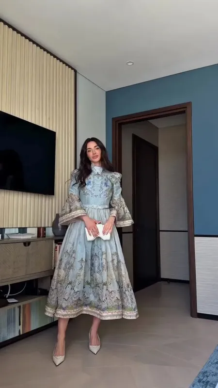 Pakaian Wanita Bercetak Renda Elegan Separuh Tinggi Kolar Tinggi Lengan Longgar Tali Pinggang Single Breasted Skirt Wanita Musim Panas 2026 Jubah Terbungkus Wanita — image 8