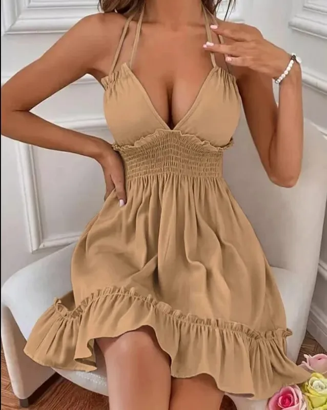 Sexy Deep V Neck Tank Top Women's Clothing Open Back Parallel Wrinkle Dress European And American Cross-border Popular Dress — image 9
