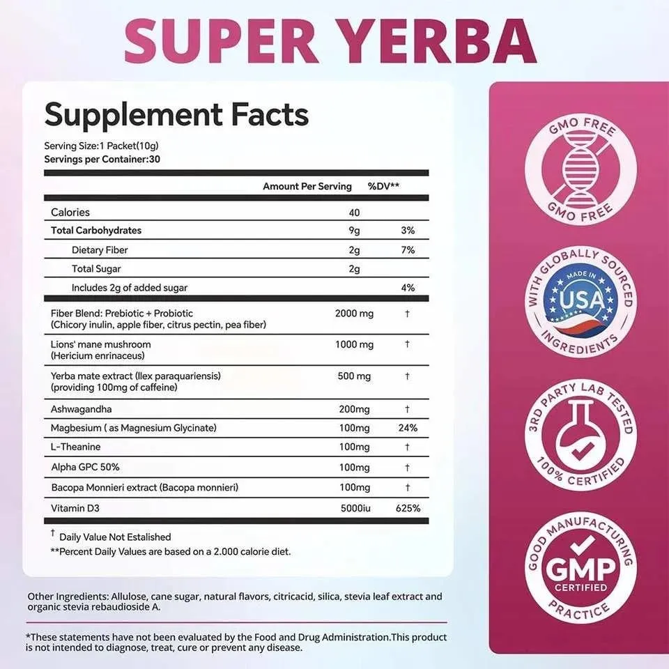 Super Yerba Instant Drink Powder 30 Packets with Probiotic Ashwagandha Vitamin Promote Gut Intestinal Health Digestion Immunity — image 3