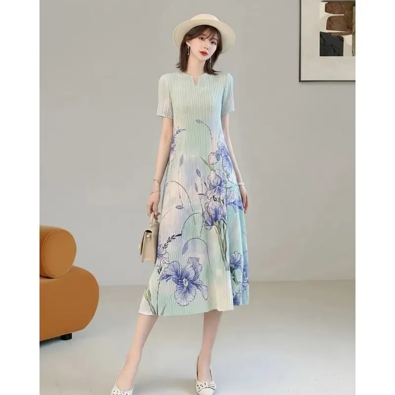 Miyake Ink Print Short Sleeve Dresses 2026 Summer New Short Sleeve Elegant Artistic Fashion Draped Elastic Women's Pleated Dress — image 4