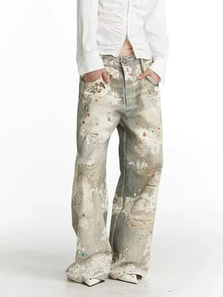 Mens Jeans Vintage Digital Print Distressed Denim Pants Harajuku Unisex Straight Leg Loose Fit Casual Streetwear Fashion Trend — image 7