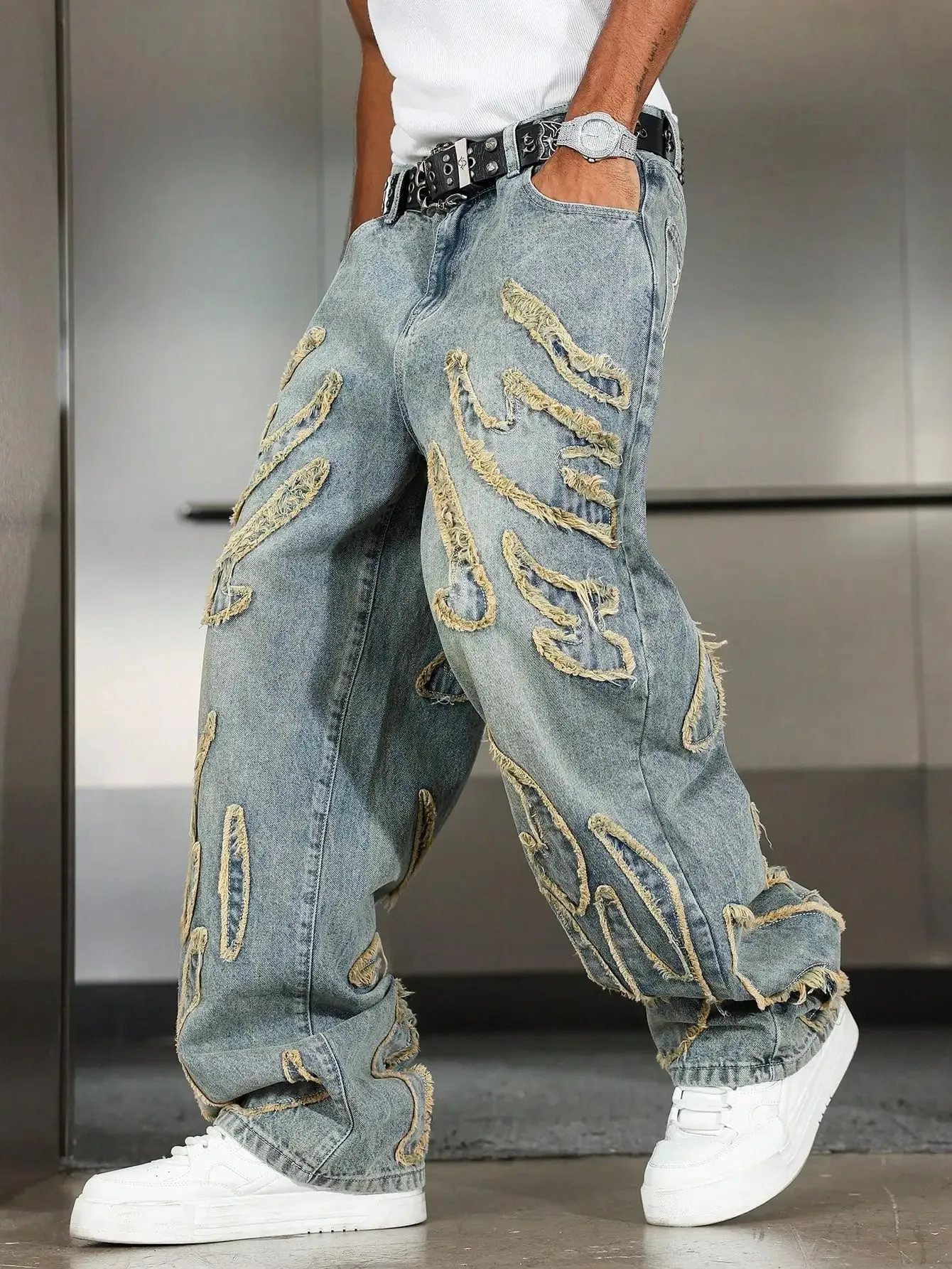 Men's Street Style Casual Patchwork Embroidered Frayed Hem Macau Blue Denim Jeans Trendy Loose Fit Straight Leg Pants — image 2