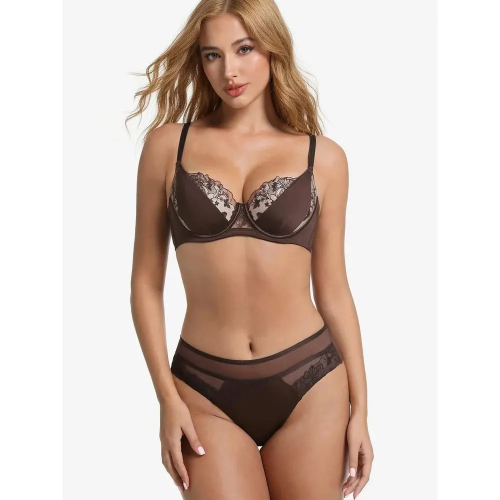 Plus Size Color Block Lace Bra Set Thin Cup Full Coverage Support Big Bust D Cup Lingerie Set Curvy Ladies Daily Wear — image 5
