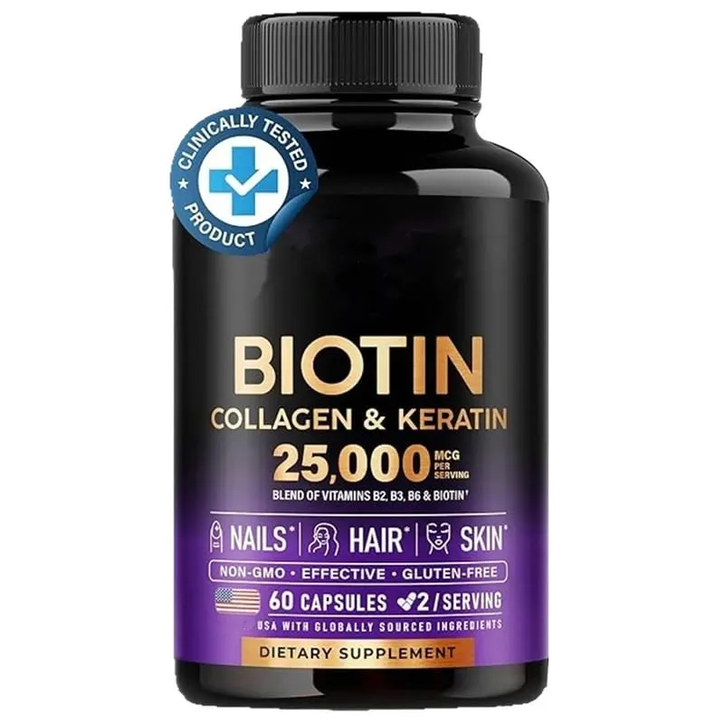 Biotin Capsules Contain Collagen and Vitamin B2 B3 B6 & B7 for Women Men Hair Care Supplements Skin & Nails Support 60 Pieces