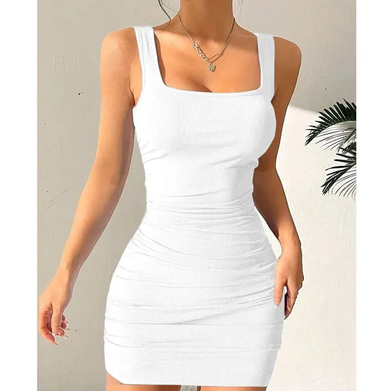 Sexy Tight Strap Mini Dress 2026 New Summer Bodycon Club Party Dresses Female Solid Color Basic Slim Sleeveless Beach Dress — image 5