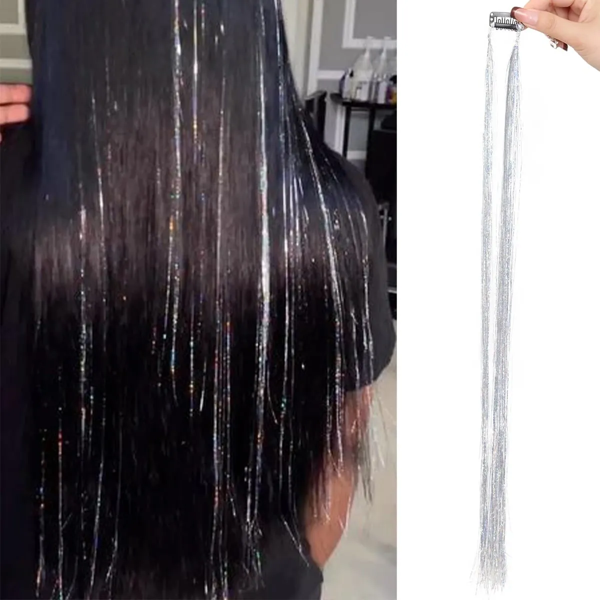 24 inch 1Pcs Colored Hair Extensions with Tinsel Long Straight Hairpiece Color Party Highlights Clip in Synthetic Hair Extension — image 8