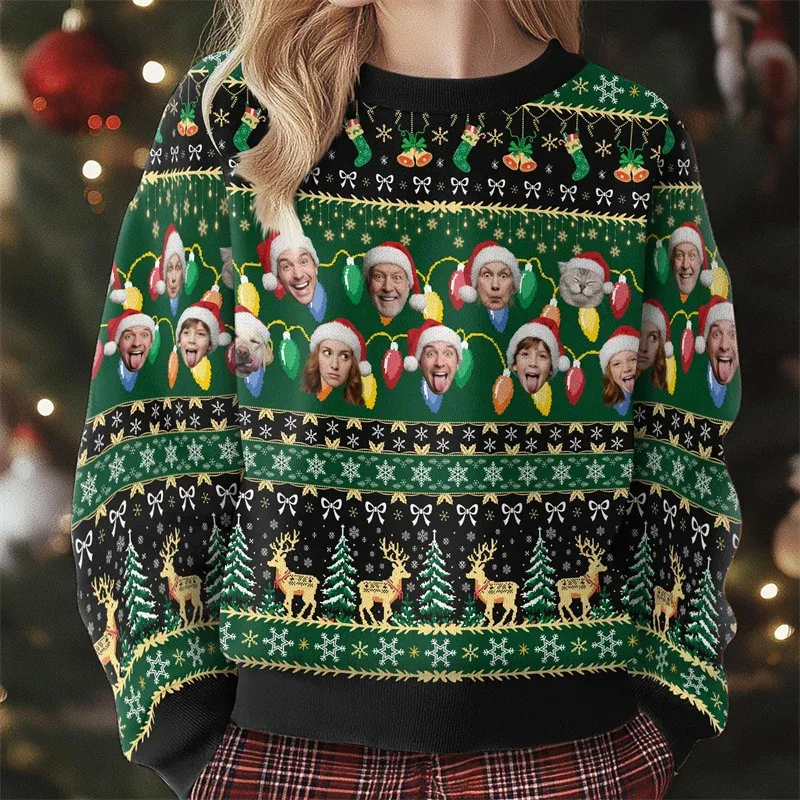 Personalized Custom Multi‑Face Christmas Sweatshirt Upload Family Pet Photos Ugly Xmas Reindeer Holiday Long Sleeve Tops