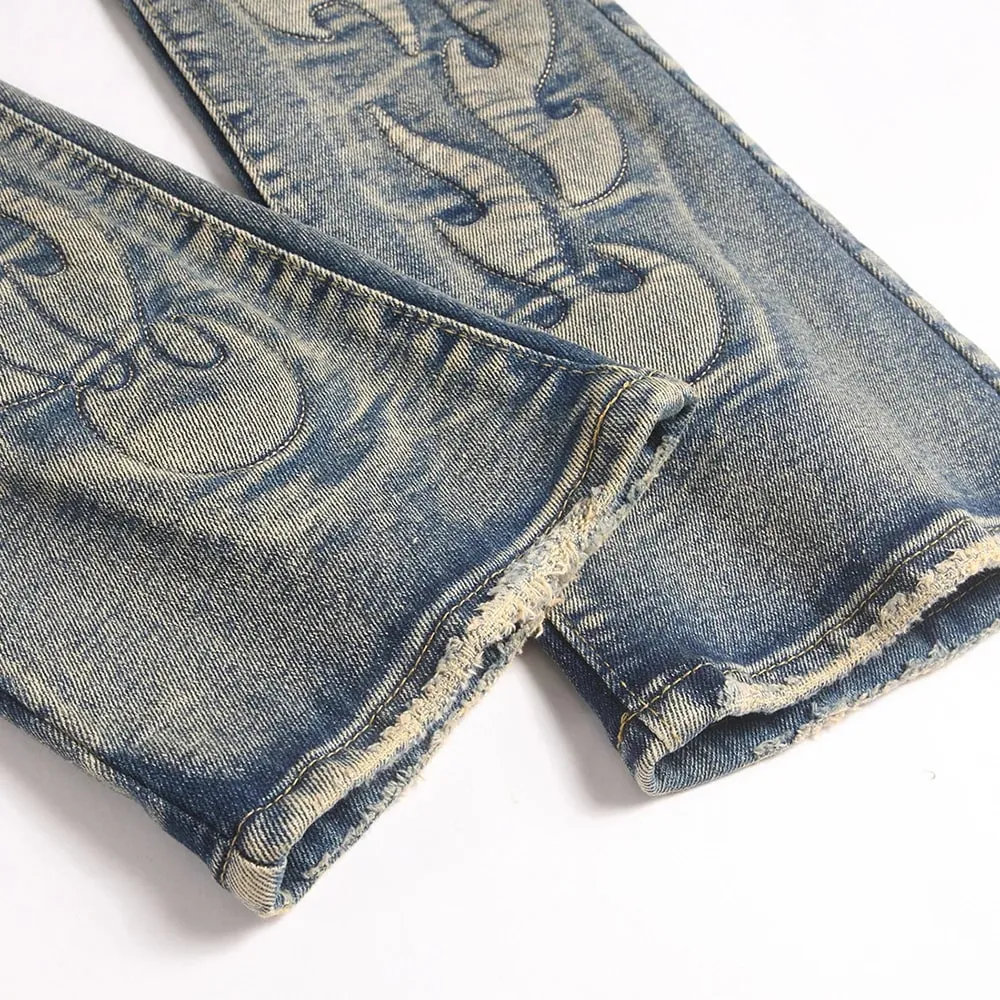 Men's Vintage Bootcut Denim Jeans Streetwear Embossed Totem Pattern Pants Retro Blue Stretch Spandex Slim Flared Trousers — image 5