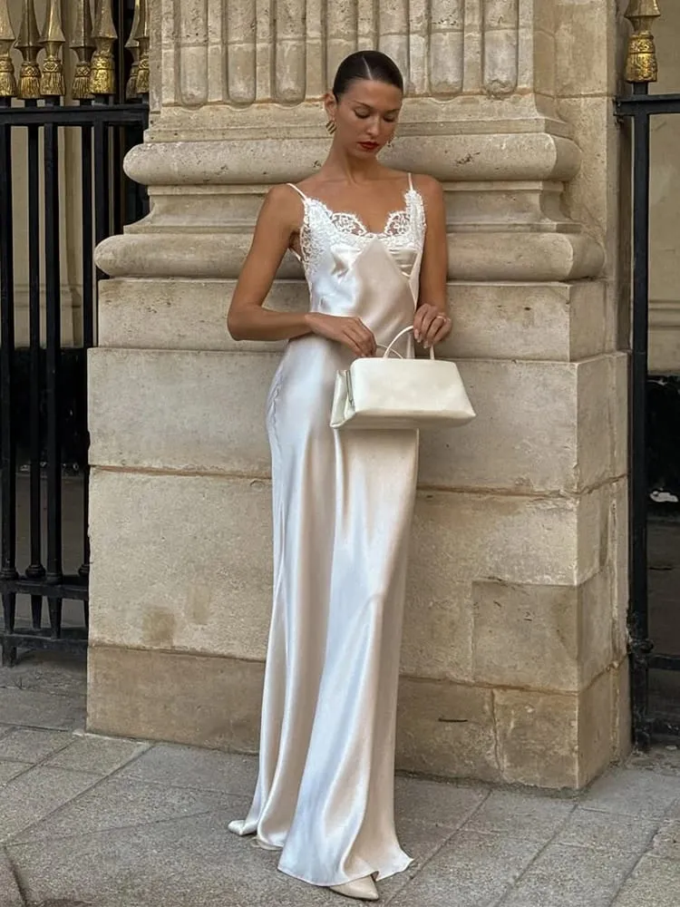 Lace Patchwork Sling Maxi Dress Women Sexy Solid V-neck Sleeveless Backless Satin Slim Long Gown Lady Chic Evening Party Dresses — image 3