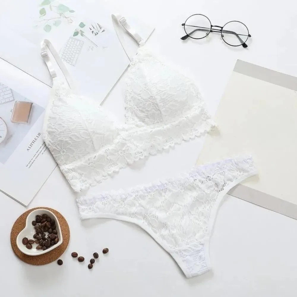 Underpants V Neck Lace Flower Bra Set Solid Color Low Waist Floral Panties Bra Kit T-Back Lingerie Lace Underwear Girls — image 4