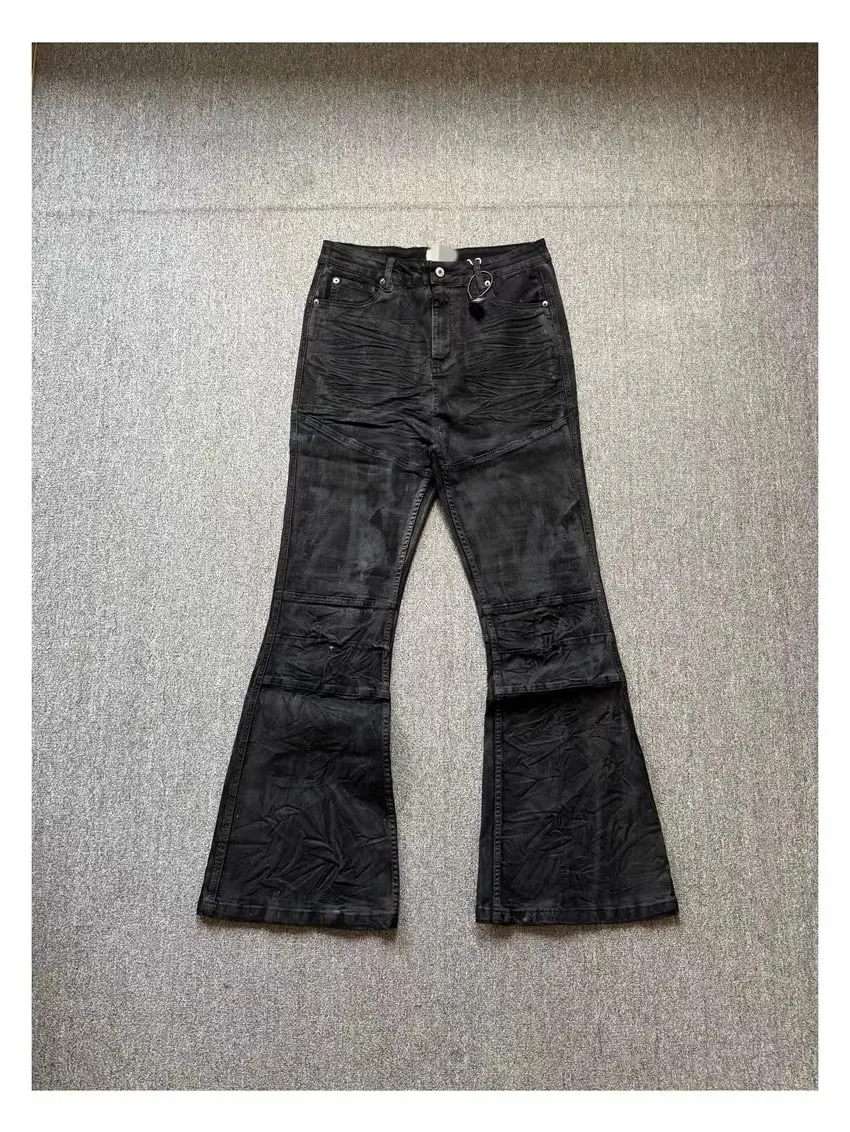 2026 High street coated micro-flare jeans American retro heavy industry men and women black gothic retro casual loose jeans — image 3