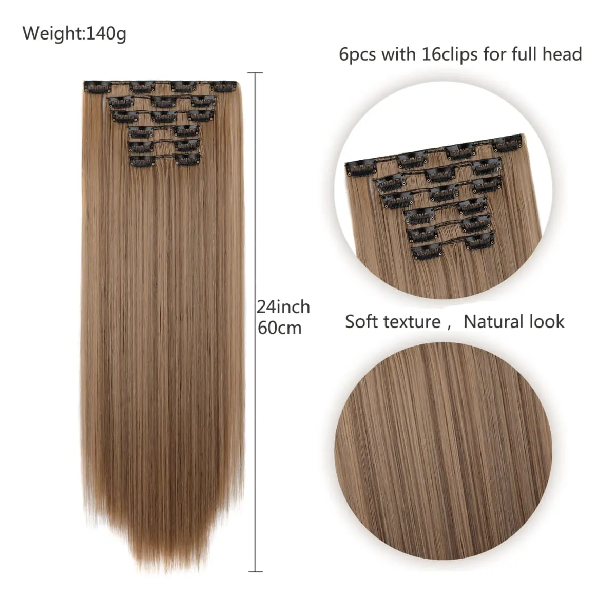 Jeedou Jeedou 6Pcs Clip In Straight Hair Extensions 60cm Long Synthetic Hair Pieces With 16 Clips Heat Resistant Hair For Women