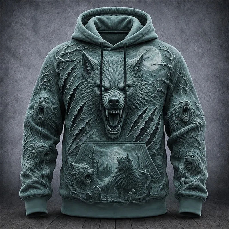 Men's Autumn Winter Halloween Hoodie Casual Pullover with Spooky Skull Print Loose Fit Festive Street-Style Top for Parties — image 15