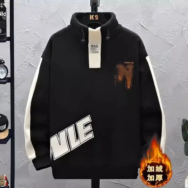 Men Clothing Autumn Winter Contrast Patchwork Thick Casual Hoodies Sweatshirts Long Sleeve Plus Size Fashion Tops Harajuku Trend — image 3