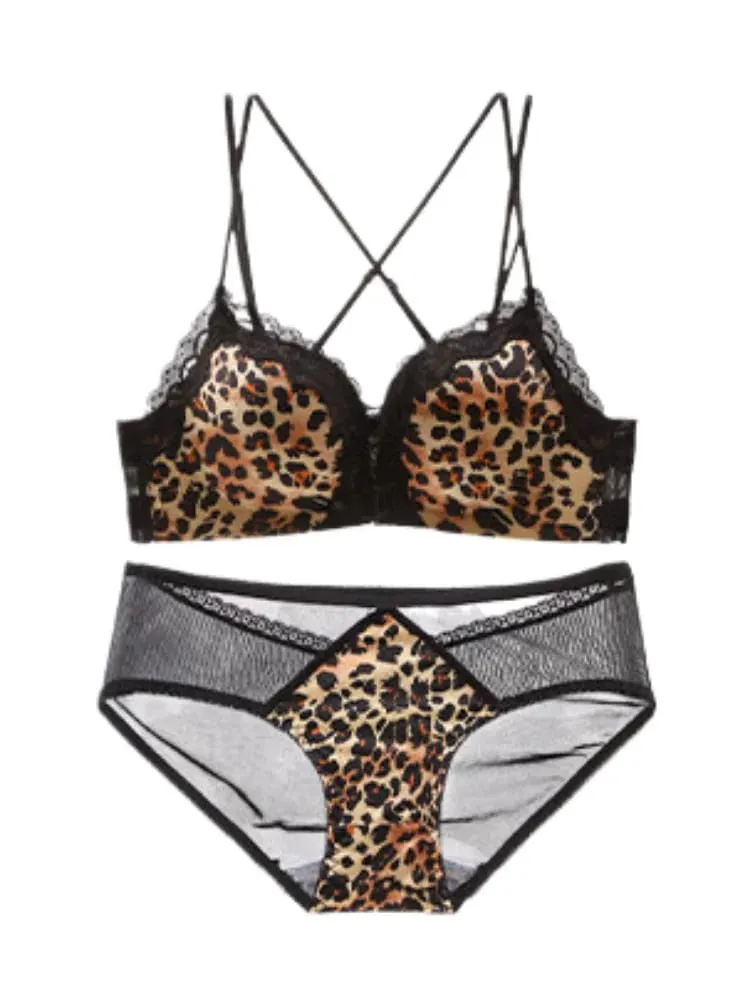 Best Selling Leopard Print Front Closure Push Up Bra Set Sexy Back Design Small Bust Enhancing Women Lingerie — image 6